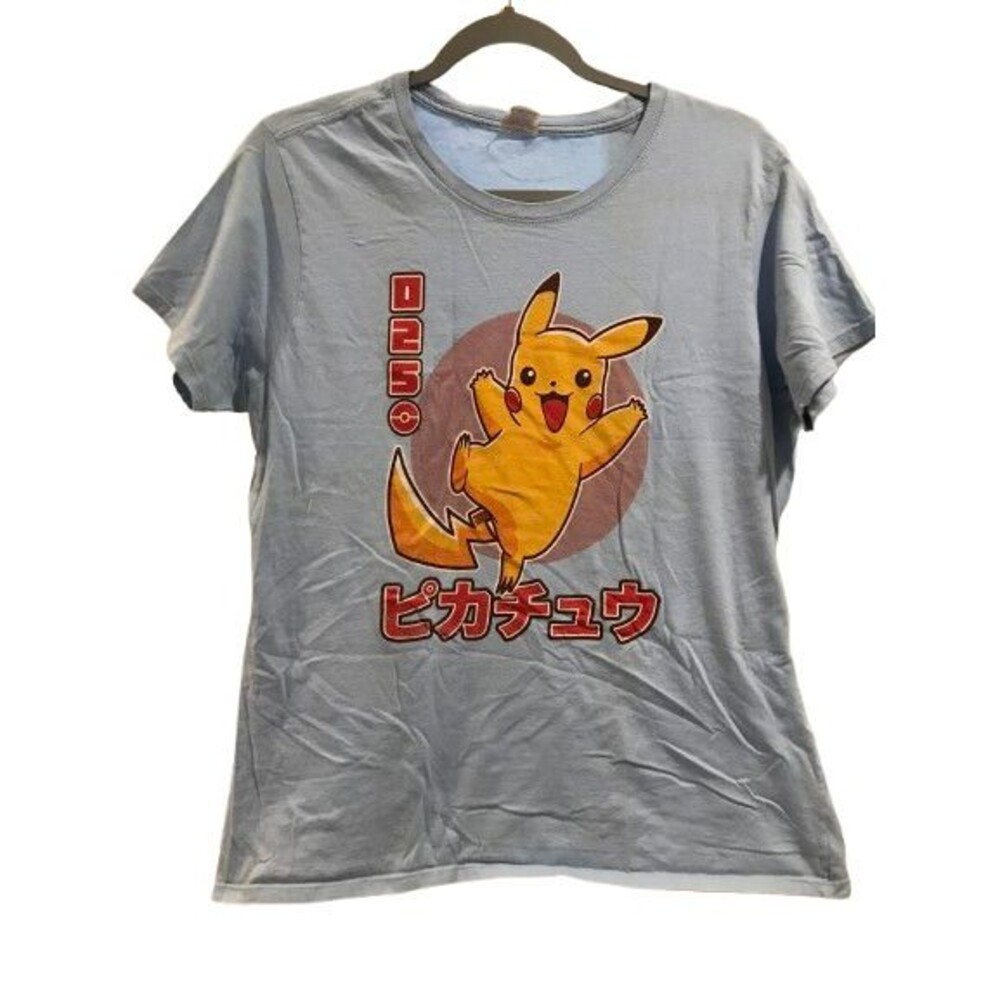 Junior's Large Pikachu Pokemon T-shirt Port & Company Blue Short Sleeve Graphic